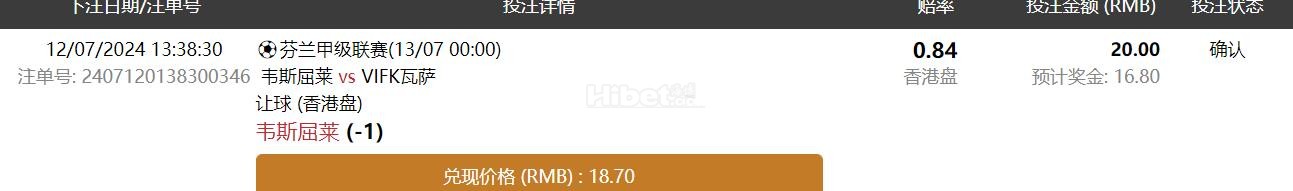 芬兰甲级联赛  (13/07 00:00)   韦斯屈莱 vs VIFK瓦萨