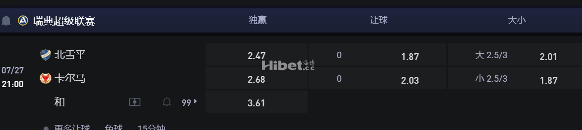 瑞典超级联赛  07/27 21:00 北雪平VS 卡尔马