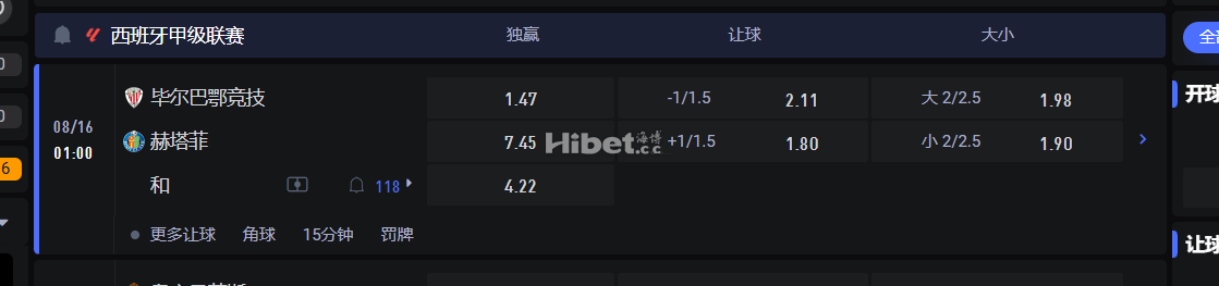 西班牙甲级联赛  08/16 01:00 毕尔巴鄂竞技VS 赫塔菲